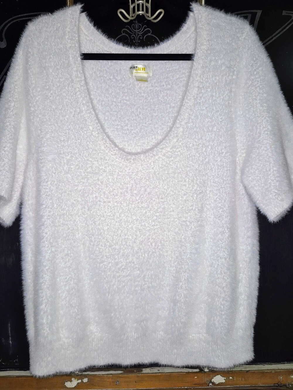 Anthropologie Maeve White Fuzzy Short Sleeve Scoop Neck Knit Top - 2X Plus